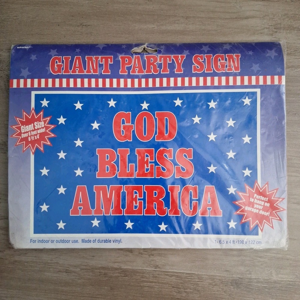 Vintage Amscan GIANT Size GOD BLESS AMERICA Vinyl Garage Banner Sign 6.5' x 4'